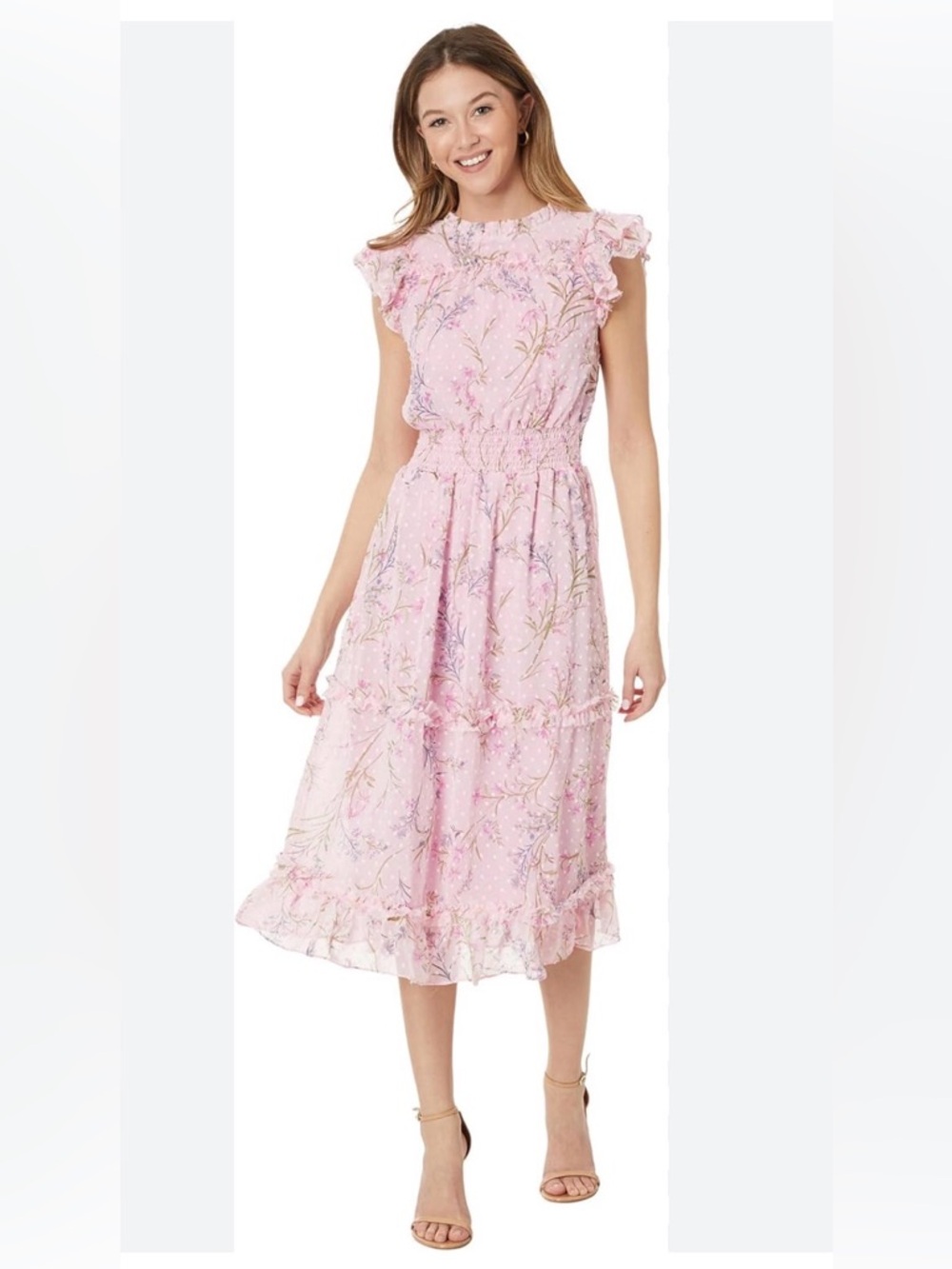 CeCe Pink Floral Midi Dress Smocked Garden Party Wedding Guest Dress Size M